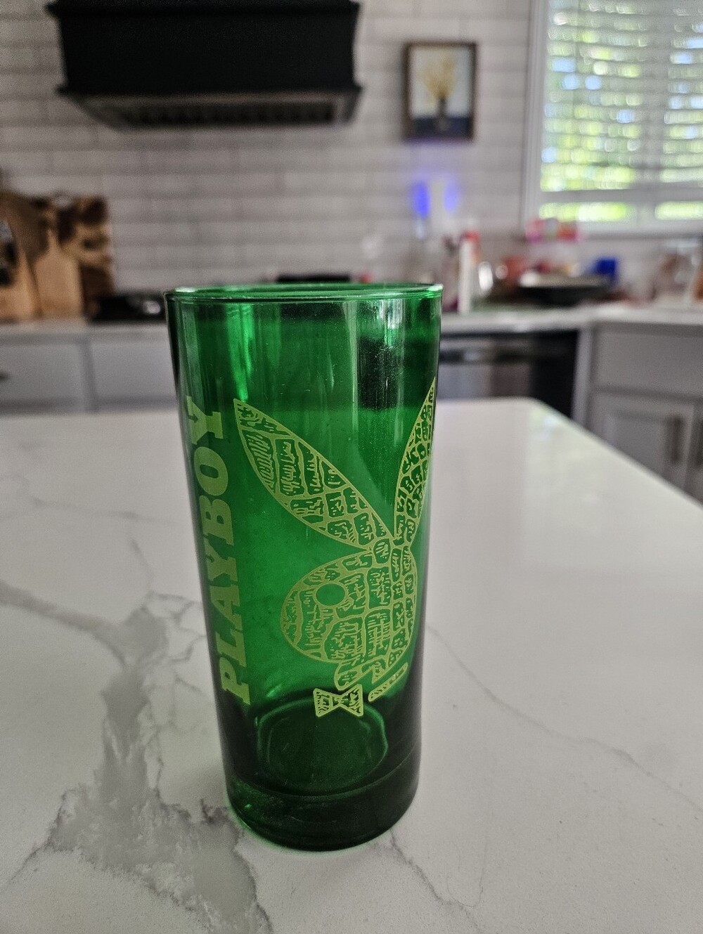 PLAYBOY Green Glass Tumbler with Bunny Motif